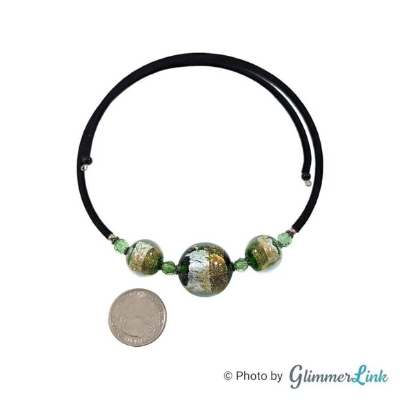 Green & Gold Foil Glass Beads Black Velvet Wire Wrap Choker Necklace - Picture 6 of 10